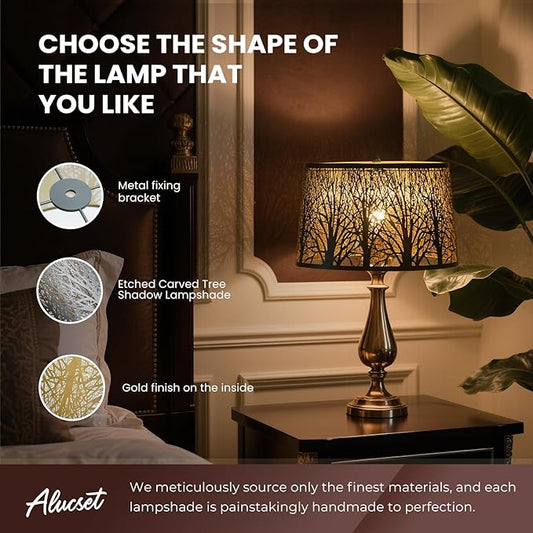 Metal Lampshade, Large Lamp Shade for Table Floor Lamps, (12×8)'' Top×(14×10.5)'' Bottom×8.5" Height Oval Shade, Etched Forest Gothic Style Replacement Lamp Shade(Spider), Black Gold