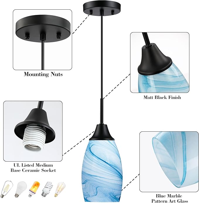 Mini Glass Pendant Light 4.72" with Handblown Blue Marble Art Glass Hanging Light 1-Pack Oval Ceiling Hanging Light Fixture for Dining Room Kitchen Island Cafe Foyer Hallway