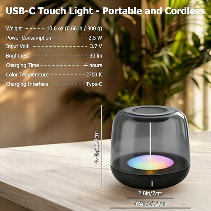 Touch Control Bedside Lamp, Portable Rechargeable Table Night Light with 5 Dynamic Effects & Dimmable 2700K Warm White/RGB Color Changing, IP44 Waterproof for Nursery, Camping, Decor