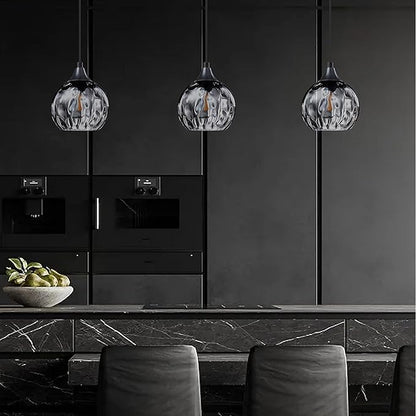 3 Pack 1 Light Hanging Indoor Kitchen Island Pendant Light 6.3" Grey Hammer Glass Pendant Ceiling Light Fixtures Black Finish Modern Farmhouse Dinning Over Sink(Adjustable Height Cord)