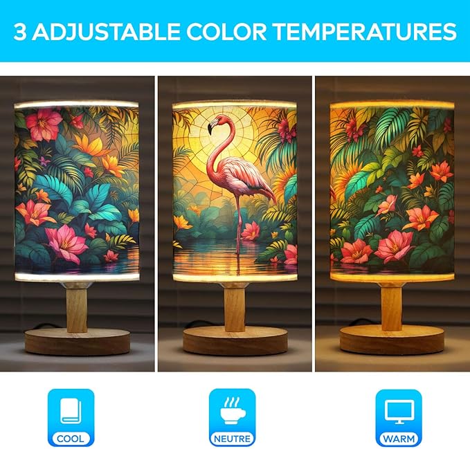 Flamingo Table Lamp LED 3-Color Pressed Bedside, Flamingo Shade Lamp with Wood Base for Bedroom Living Room Desk Office TL01
