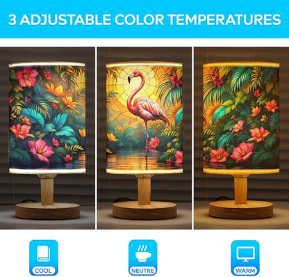 Flamingo Table Lamp LED 3-Color Pressed Bedside, Flamingo Shade Lamp with Wood Base for Bedroom Living Room Desk Office TL01