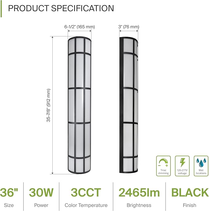 ASD 36 Inch LED Outdoor Wall Mount Light Fixture with Grid - Matte Black Modern Wall Sconce - 30W 120-277V 3000K 4000K 5000K Adjustable - Dimmable Exterior Lights - Front Door, Patio - ETL 2 Pack