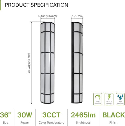 ASD 36 Inch LED Outdoor Wall Mount Light Fixture with Grid - Matte Black Modern Wall Sconce - 30W 120-277V 3000K 4000K 5000K Adjustable - Dimmable Exterior Lights - Front Door, Patio - ETL 2 Pack