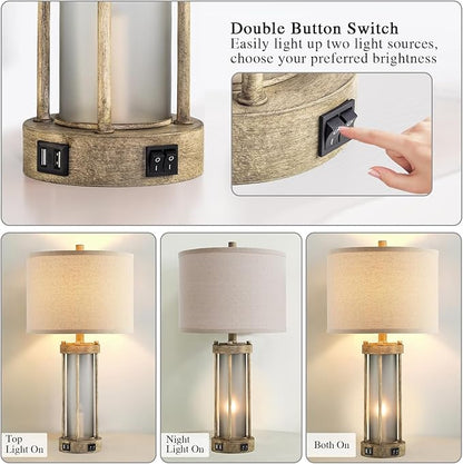 Farmhouse Table Lamps Set of 2 for Living Room, Vintage Bedroom Nightstand Lamp with Dual USB Ports, Bedside Lamp with Frosted Glass Nightlight for End Table Entryway, 4 Bulbs Included (Earthy Gray)