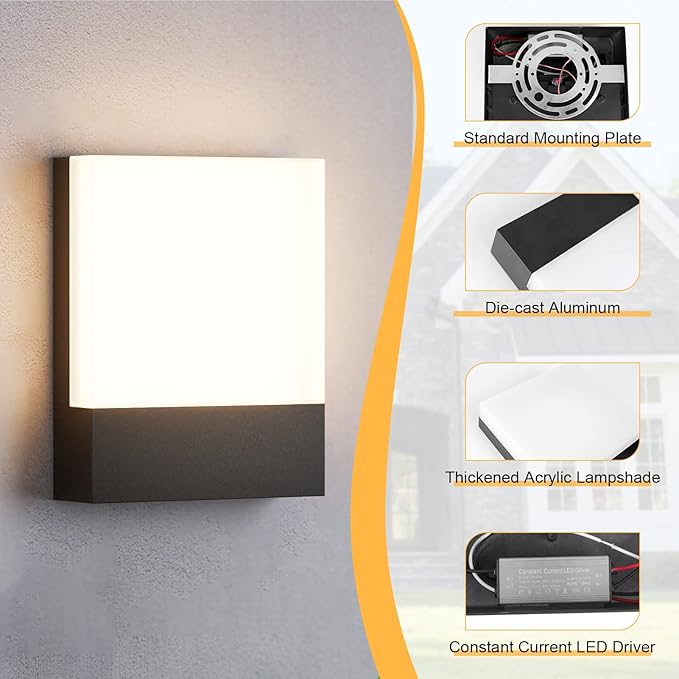 Modern Outdoor Led Wall Light, 24W 3000K Wall Porch & Patio Light,Exterior Hardwired Wall Light Fixtures,IP65 Waterproof Square Wall Lamp for Garage, Front Door,House Yard(Black,2-Pack)