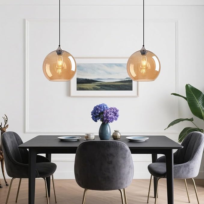 Amber Glass Pendant Lights Kitchen Island Globe Pendant Light Fixtures Modern Pendant Lighting for Bedroom Living Dining Room Light Fixture (9.84 in, 2 Pack)