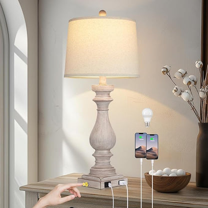 29" Farmhouse Table Lamp for Living Room,Vintage Bedside Lamp with USB C+A Ports & AC Outlet,3-Way Dimmable Touch Control Gray Washed Finish Nightstand for Bedroom, Single Gray