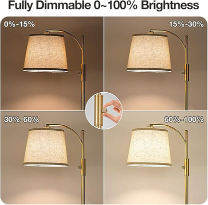 AIDENOEY Fully Dimmable Floor Lamp for Living Room，Standing Lamp Rotary Switch with Table&Linen Beige Shade，Golden Tall Lamps for Bedroom with Adjust Head，9W LED Bulb Included