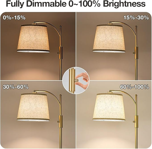 AIDENOEY Fully Dimmable Floor Lamp for Living Room，Standing Lamp Rotary Switch with Table&Linen Beige Shade，Golden Tall Lamps for Bedroom with Adjust Head，9W LED Bulb Included