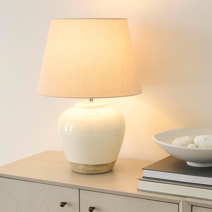 Nourison Home 20" White/Sand Farmhouse Ceramic Pot Table Lamp for Bedroom, Living Room, Console, Entryway