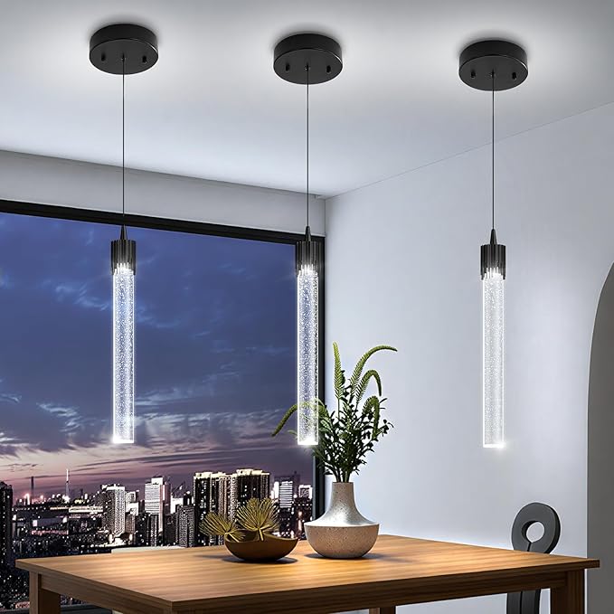 Modern Pendant Lights Kitchen Island Black Crystal Mini Pendant Light with Dimmable LED 2700K-6000K,Bubble Crystal Chandelier Dining Room and Bar - 1 Pack