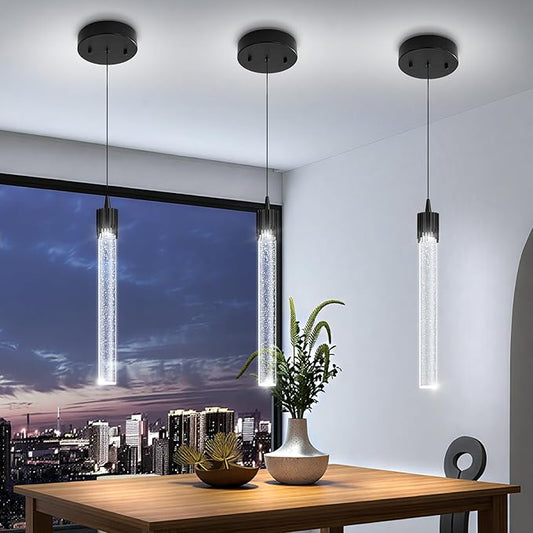 Modern Pendant Lights Kitchen Island Black Crystal Mini Pendant Light with Dimmable LED 2700K-6000K,Bubble Crystal Chandelier Dining Room and Bar - 1 Pack