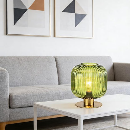 NKU Vintage Green Hand-Blown Ribbed Glass Table Lamp - Mid-Century Glare-Free Eye-Care Bedside Light for Bedroom Nightstand, Living Room, Office, Bookshelf & Corner