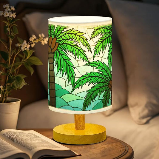 Palm Tree Table Lamp LED 3-Color Pressed Bedside, Palm Tree Shade Lamp with Wood Base for Bedroom Living Room Desk Office