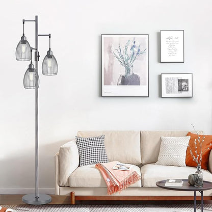 Torondo Dimmable Industrial Floor Lamps for Living Room, Gray Tree Standing Tall Lamps with 3 Elegant Teardrop Cage Head & 800 Lumens LED Bulbs for Bedroom Office