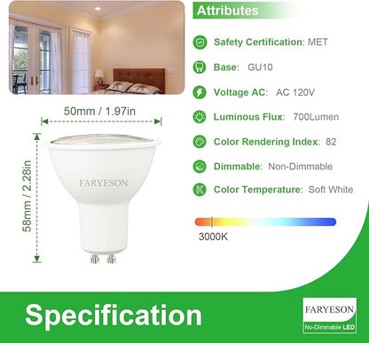 GU10 LED Light Bulbs - 5W, Warm White (3000K), Non-Dimmable, 700 Lumens, Wide 110° Flood Beam, Great for Recessed and Track Lighting in Kitchens, Living Rooms, and Bedrooms, 12-Pack