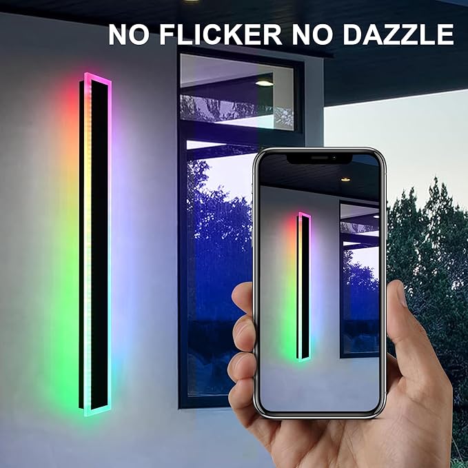 MELUCEE 2pcs 60in Long RGB Outdoor Wall Light Fixture, 5.1in Wide Dimmable Exterior Wall Lights IP65 Waterproof for Garage and Front Door, Long Outside Wall Sconce Black LED Outdoor Entrance Lighting