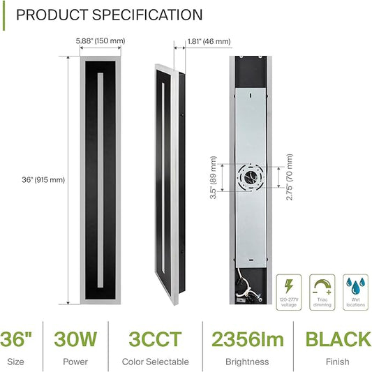 ASD LED 36" Long Wall Mount Light Fixture, Outdoor & Indoor Linear Sconce | 3CCT, Dimmable, Waterproof, Anti-Rust, ETL Listed | 30W 1850LM 3000-5000K 100-277V | Exterior Porch Lighting | Black