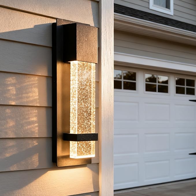 Modern LED Outdoor Wall Sconce, 13.8'' Black Exterior Wall Light Fixture with Crystal Bubble Glass, Hardwired Outdoor Light for Porch, Patio, Garage, Coach Lights, Waterproof Wall Mount Sconce