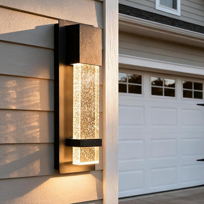 Modern LED Outdoor Wall Sconce, 13.8'' Black Exterior Wall Light Fixture with Crystal Bubble Glass, Hardwired Outdoor Light for Porch, Patio, Garage, Coach Lights, Waterproof Wall Mount Sconce