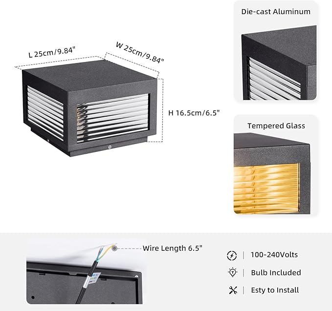 Outdoor Post Lights, 9.84" Column Pillar Light Hard Wired, Modern Fence Posts Lamp Waterproof 3000K Warm LED Lighting Lantern with E26 Bulb for Patio Driveway Garden Decoration