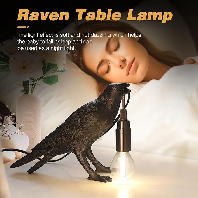Halloween Crow Lamp, Raven Table Lamp with Bulb, Bird Desk Lamps, Gothic Home Decor Crow Light, Christmas Raven Lamp for Bedside Bedroom Living Room Decor