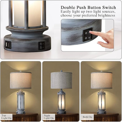 Set of 2 Rustic Table Lamps for Living Room, Farmhouse Vintage Nightstand Lamp with 2 USB Ports, Antique Retro Light Green Glass Night Light for Bedroom Entryway, 4 Bulbs Included