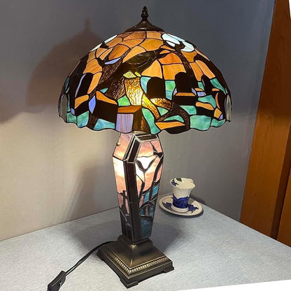 Bieye L10987 Ravens in Spooky Cemetery Tiffany-Style Stained Glass Table Lamp with Coffin Base Night Light - Gothic Graveyard Scene (Dark Orange, 16Wx26H inch)