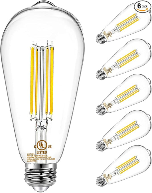 DAYBETTER 6 Pack Vintage LED Edison Bulbs, E26 Dimmable LED Bulb, 60 watt Equivalent, ST58 Antique Filament Light Bulbs with Warm White 2700K, Brightness 8W, 800LM, 80+ CRI, Clear Glass
