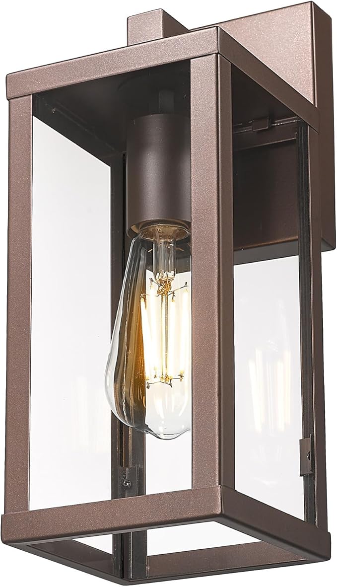 Outdoor Wall Light with Clear Glass, Anti-Rust Exterior Wall Sconce, Weather Resistant Outdoor Lantern, Exterior Lighting for Porch, Patio, Garage, Entryway (Oil-Rubbed Bronze, 13" Height-1 Pack)