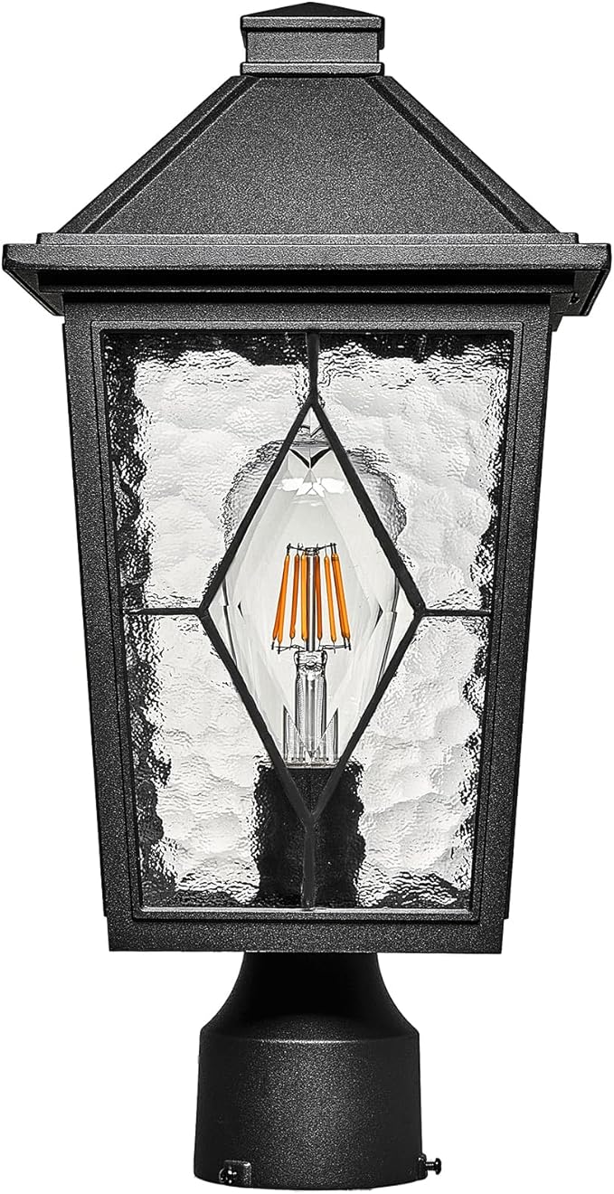 Outdoor Post Lights 13.6 Inch Modern Exterior Post Lantern Pillar Light with Water Ripple Glass Black Aluminum Pole Lights Outdoor