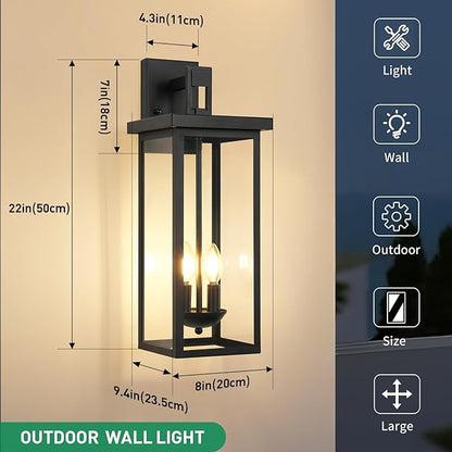 22 Inch Large Black Outdoor Wall Lights Exterior Lighting Fixtures,Outside Lights for House,Front Porch Light,Waterproof Outdoor Wall Sconce Light Carriage Exterior Lights,E12 Base*2