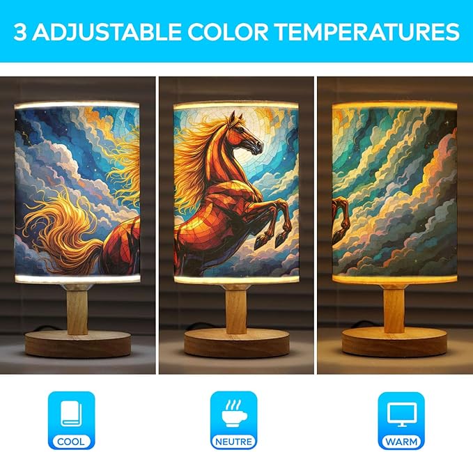 Horse Table Lamp LED 3-Color Pressed Bedside, Horse Shade Lamp with Wood Base for Bedroom Living Room Desk Office TL01