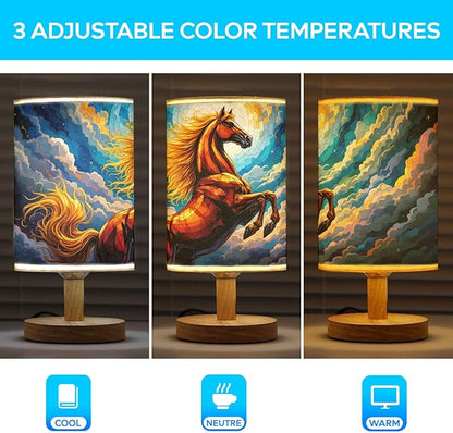 Horse Table Lamp LED 3-Color Pressed Bedside, Horse Shade Lamp with Wood Base for Bedroom Living Room Desk Office TL01