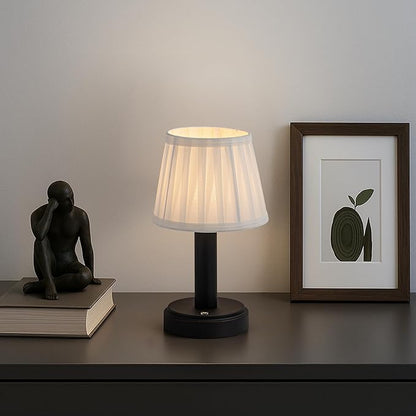 11 Inch Modern Type-C Rechargeable Cordless LED Table Lamp Industrial Dimmable Touch Mini Desk Lamp in Matte Black with Fabric Shade for Bedroom Living Room