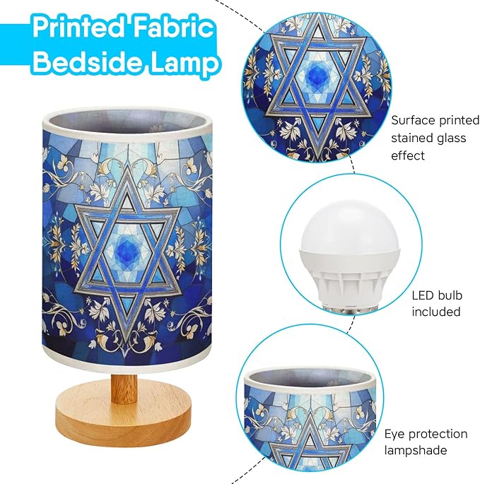 Star of David Table Lamp LED 3-Color Pressed Bedside, Star of David Shade Lamp with Wood Base for Bedroom Living Room Desk Office TL01