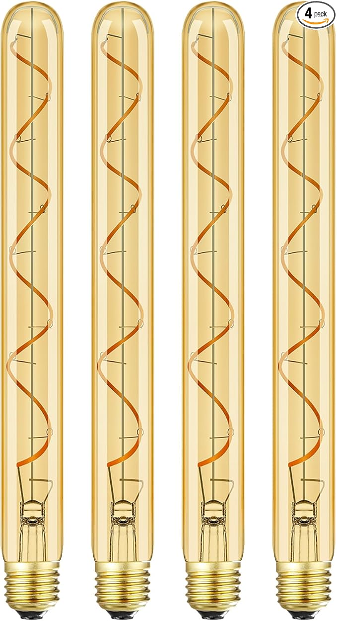 Leools Vintage LED Spiral Filament Bulb T10,11.8inch Long Tubular Dimmable Edison Light Bulbs,E26 Medium Base,Amber Glass,Warm White,2200K,400LM(40W Equivalent),T30 Led Tube Bulb,Pack of 4.
