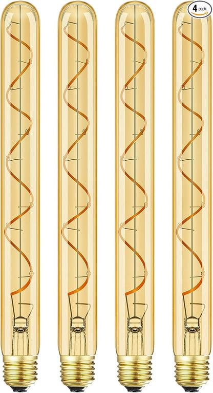 Leools Vintage LED Spiral Filament Bulb T10,11.8inch Long Tubular Dimmable Edison Light Bulbs,E26 Medium Base,Amber Glass,Warm White,2200K,400LM(40W Equivalent),T30 Led Tube Bulb,Pack of 4.