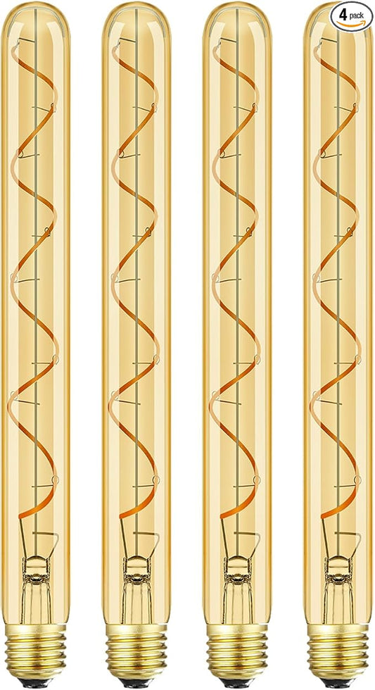 Leools Vintage LED Spiral Filament Bulb T10,11.8inch Long Tubular Dimmable Edison Light Bulbs,E26 Medium Base,Amber Glass,Warm White,2200K,400LM(40W Equivalent),T30 Led Tube Bulb,Pack of 4.