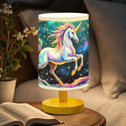 Unicorn Table Lamp LED 3-Color Pressed Bedside, Unicorn Shade Lamp with Wood Base for Bedroom Living Room Desk Office TL01