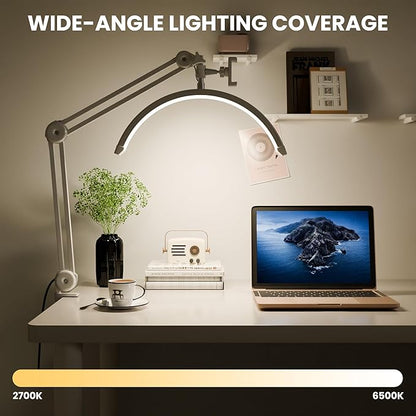 3000 Lm Adjustable LED Half Moon Light with Clamp & Task Lamp - Bright, Dimmable Lighting for Office, Crafts, Nails &Salon, Remote Control (CCT，White)