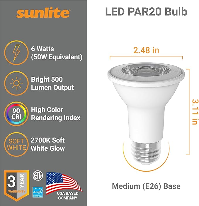 Sunlite LED PAR20 Light Bulb, 6 Watt (50W Halogen EQ), 500 Lumens, 35° Flood Beam, Medium E26 Base, 90 CRI, Dimmable, Title-20/24/CEC Compliant, 120V, ETL Listed, 2700K Soft White, 6 Count