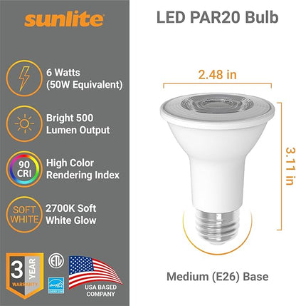 Sunlite LED PAR20 Light Bulb, 6 Watt (50W Halogen EQ), 500 Lumens, 35° Flood Beam, Medium E26 Base, 90 CRI, Dimmable, Title-20/24/CEC Compliant, 120V, ETL Listed, 2700K Soft White, 6 Count