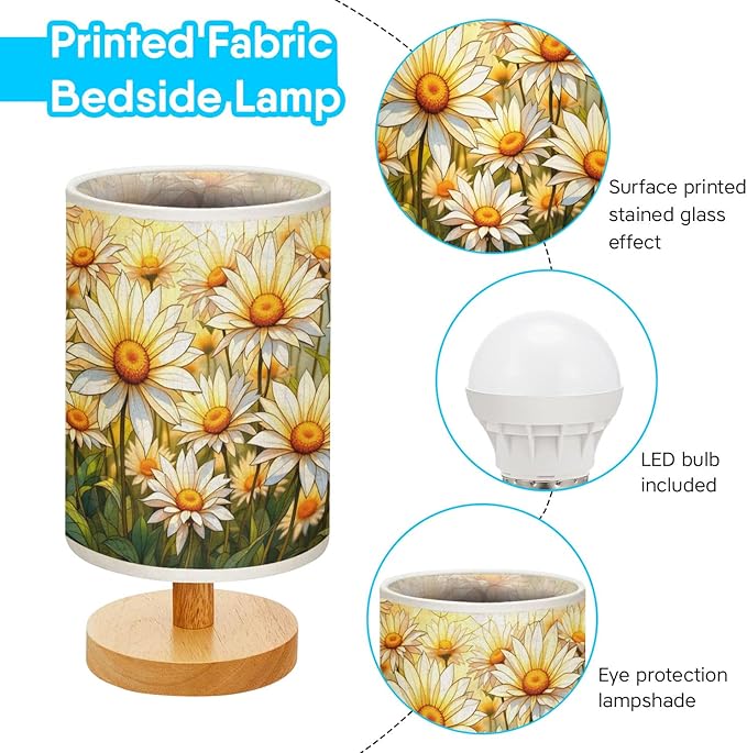 Daisy Table Lamp LED 3-Color Pressed Bedside, Daisy Shade Lamp with Wood Base for Bedroom Living Room Desk Office