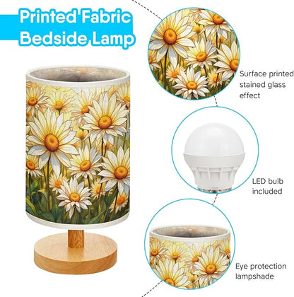 Daisy Table Lamp LED 3-Color Pressed Bedside, Daisy Shade Lamp with Wood Base for Bedroom Living Room Desk Office
