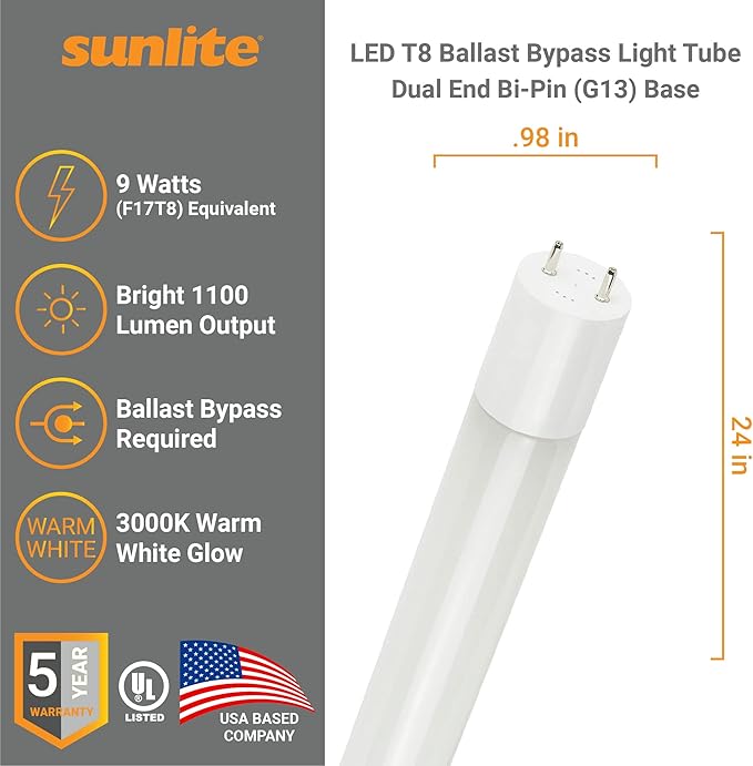 Sunlite 41004 LED T8 Ballast Bypass Light Tube (Type B) 2 Foot, 9W (F17T8 Equal), 1100 Lm, Medium G13 Base, Dual End Connection, Frosted, DLC & UL Listed, 3000K Warm White, 10 Count