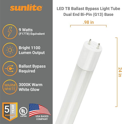 Sunlite 41004 LED T8 Ballast Bypass Light Tube (Type B) 2 Foot, 9W (F17T8 Equal), 1100 Lm, Medium G13 Base, Dual End Connection, Frosted, DLC & UL Listed, 3000K Warm White, 10 Count