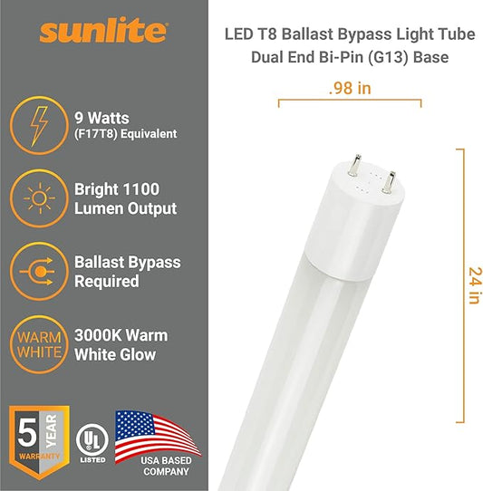 Sunlite 41004 LED T8 Ballast Bypass Light Tube (Type B) 2 Foot, 9W (F17T8 Equal), 1100 Lm, Medium G13 Base, Dual End Connection, Frosted, DLC & UL Listed, 3000K Warm White, 10 Count