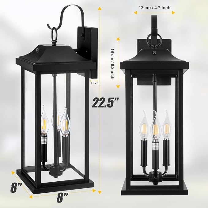 23” Dusk to Dawn Outdoor Lighting Extra Large 1 Pack, 3-Light Candelabra Front Porch Light with Photocell Sensor Outside Wall Sconce Modern Exterior Lighting Fixture Carriage Light, E12